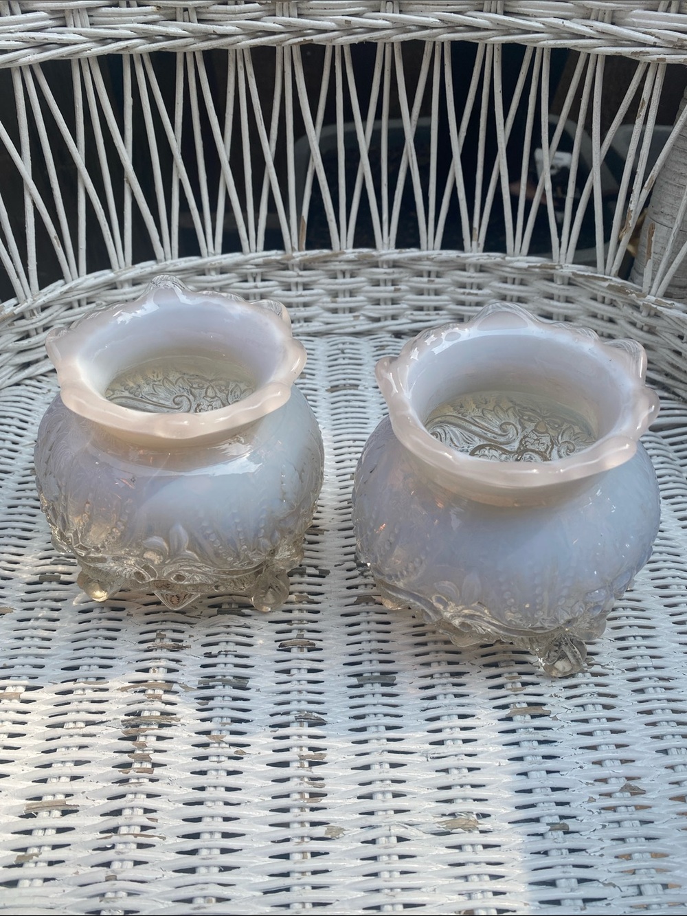 2 Antique Piasa Bird White Opalescent glass rose bowls